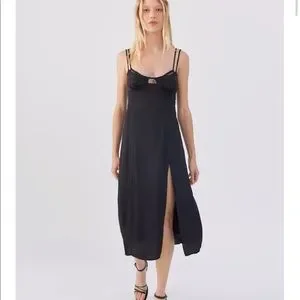 feather trim dress midi Petal & Pup Women's Dame Feather Trim Single Long Sleeve Midi Cocktail Dress - Black